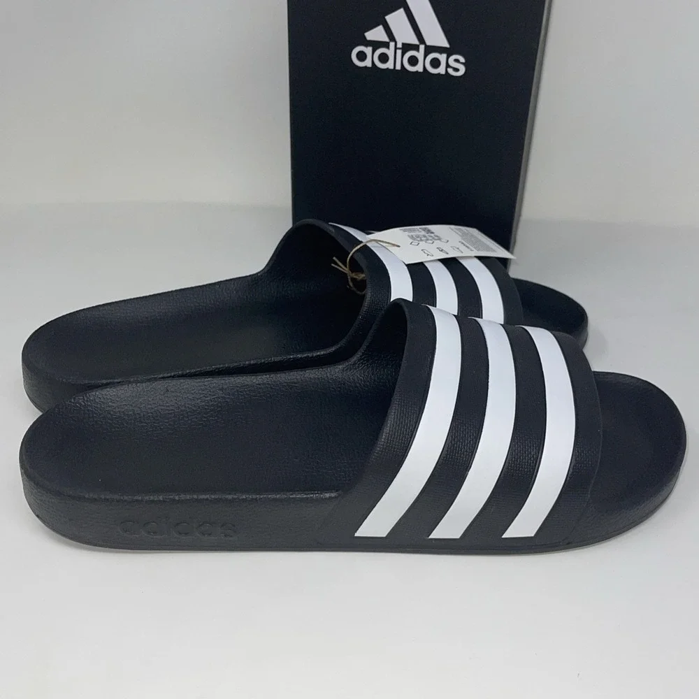 Adidas Men's Size 13 Women 14 Slides Black White 3 Stripes Adilette Aqua Slip On